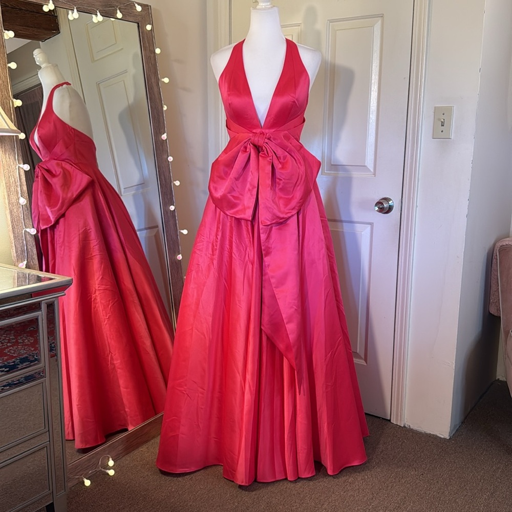 Mac Duggal Hot Pink Satin Plunge-Neck Maxi Gown with Bow - Picture 3 of 12